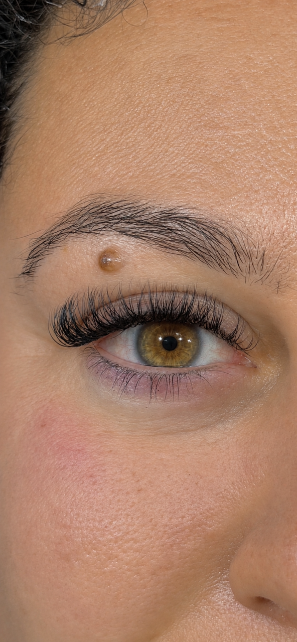 Medium volume lash extension set, close-up of a hazel eye