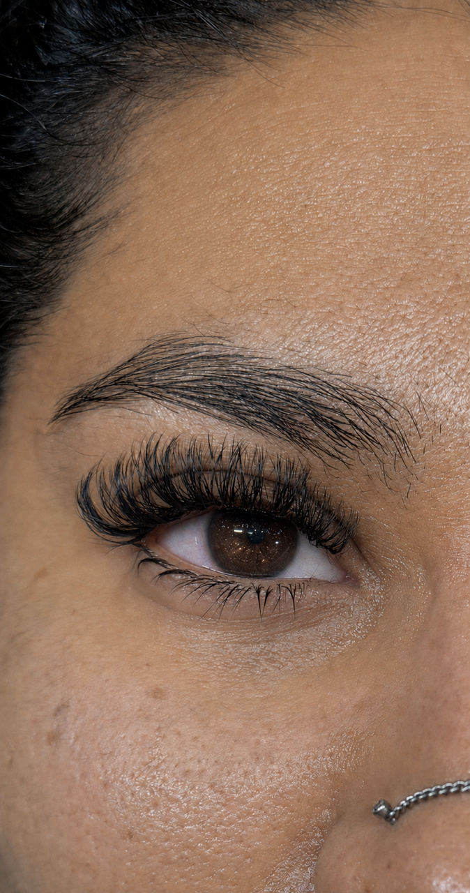 Full volume lash extension set, close-up of a brown eye