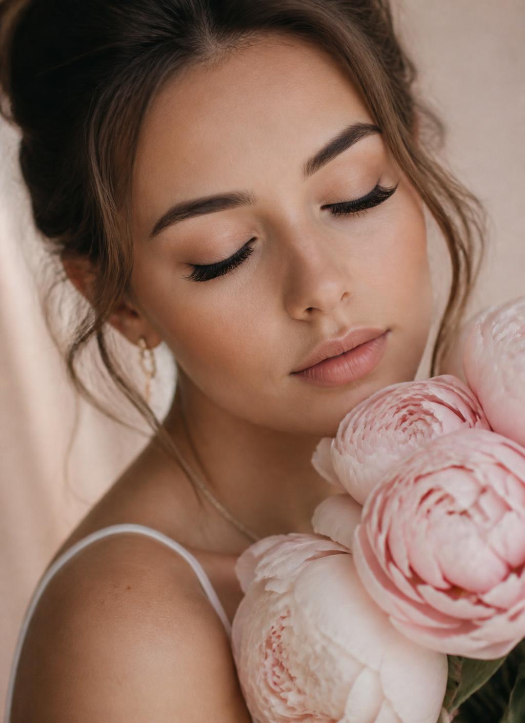 Client with soft custom lash extensions holding blush peonies